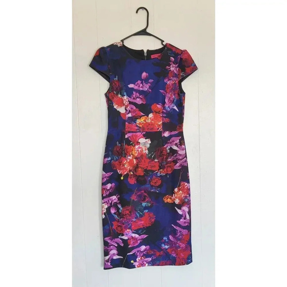 Betsey Johnson Sheath Floral Dress Sz 4 Cocktail Short Cap Sleeve Multicolor - Picture 4 of 11